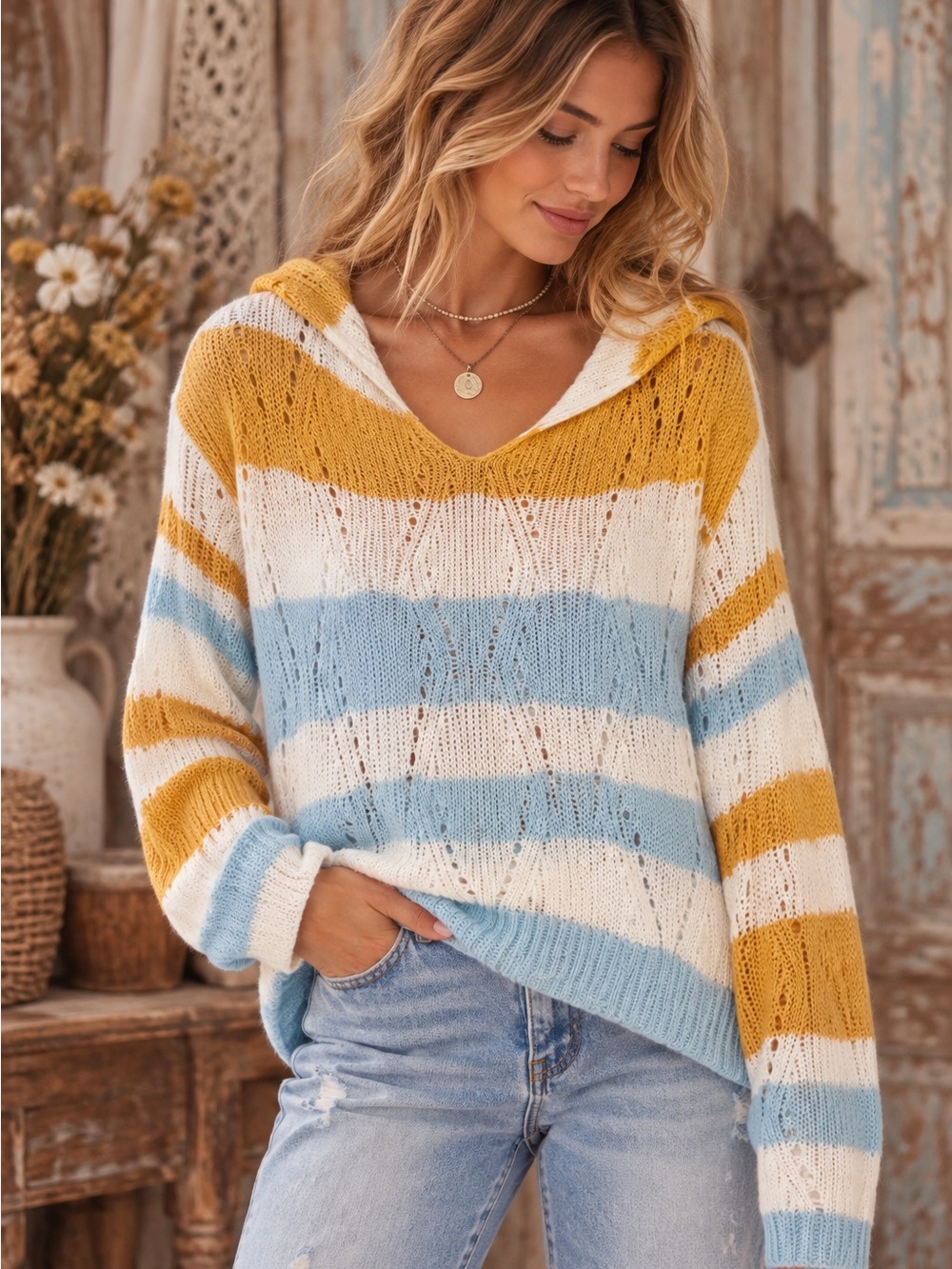 🌼 POL Striped Open Knit Hooded Sweater Mustard Blue Ivory Large
